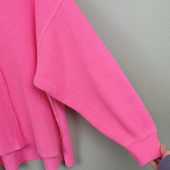 Aerie Women's Large Wonder Textured V-neck Sweatshirt Neon Bright Pink Relaxed - Picture 8 of 16